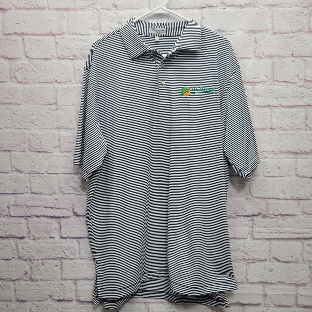 Peter Millar Summer Comfort Polo Shirt Size XL Tall US Sugar Logo Navy Striped